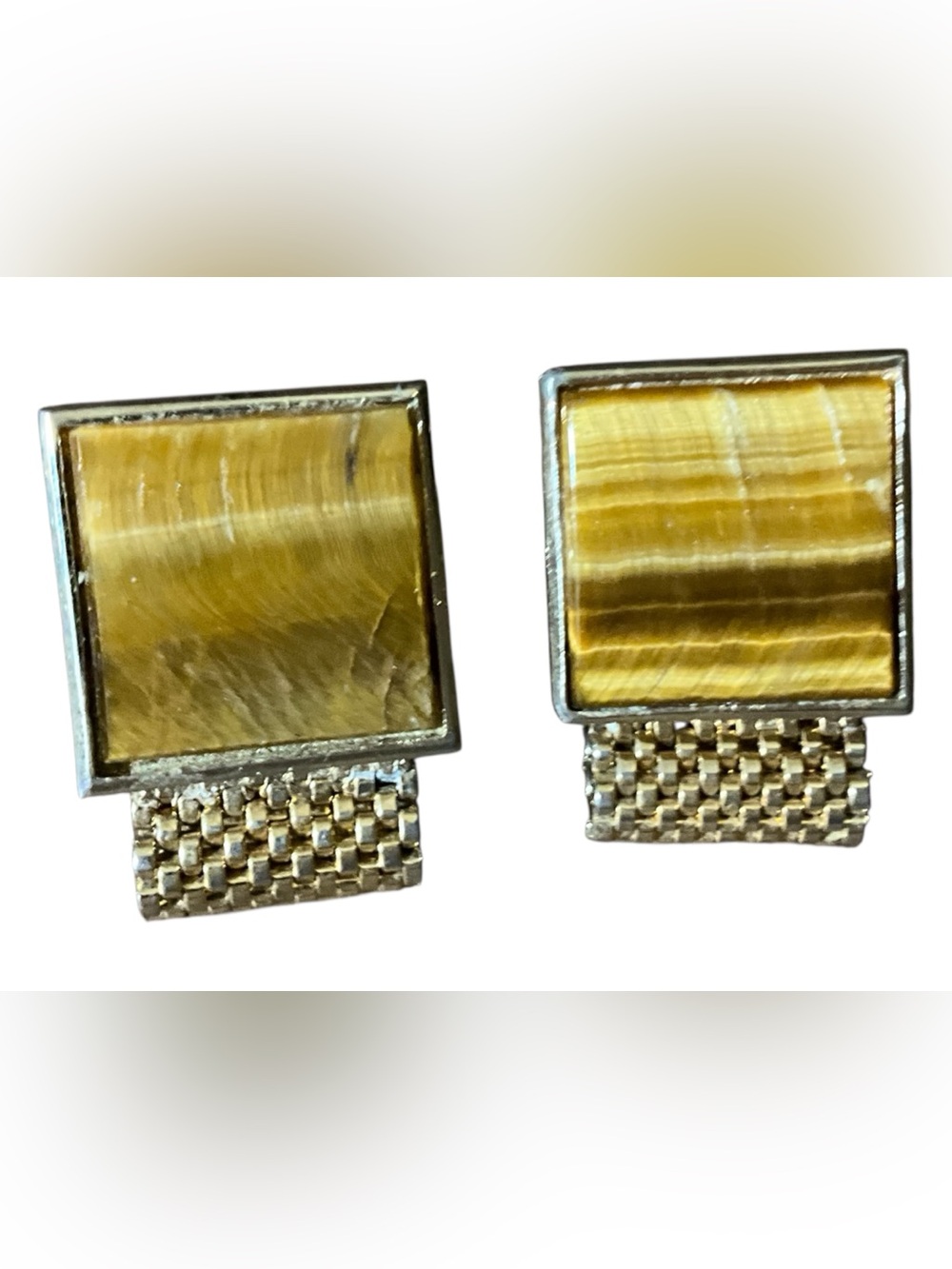 Vintage Tiger’s Eye Cufflinks Gold Tone Mesh Wrap Mid Century Retro Men’s